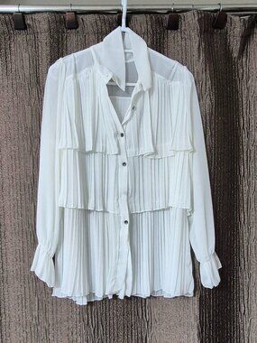 White Ruffled Pleated Chiffon Blouse